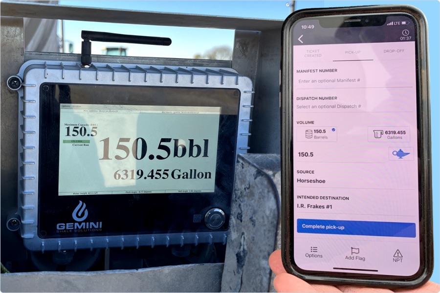 Genie meter display on a vehicle reading 150.5 bbl beside the Gemini driver app showing the same verified volume